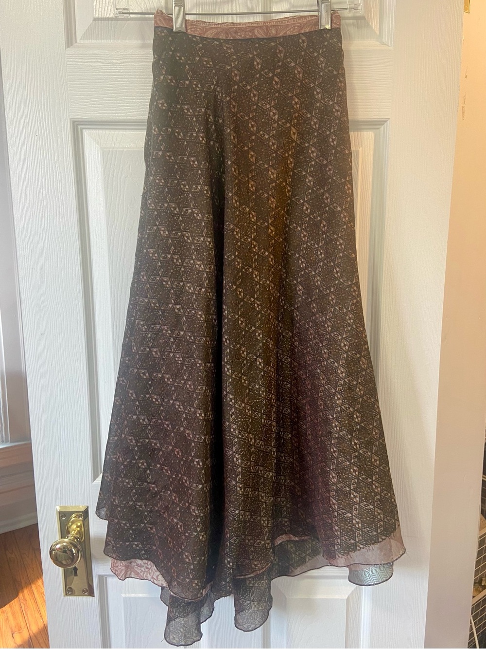 100% Upcycled Sari Silk Adjustable, Reversible, Wrap Skirt, Made in India - Picture 5 of 10